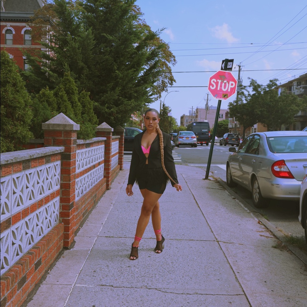 Brand new! Lucy Paris black feather trim blazer